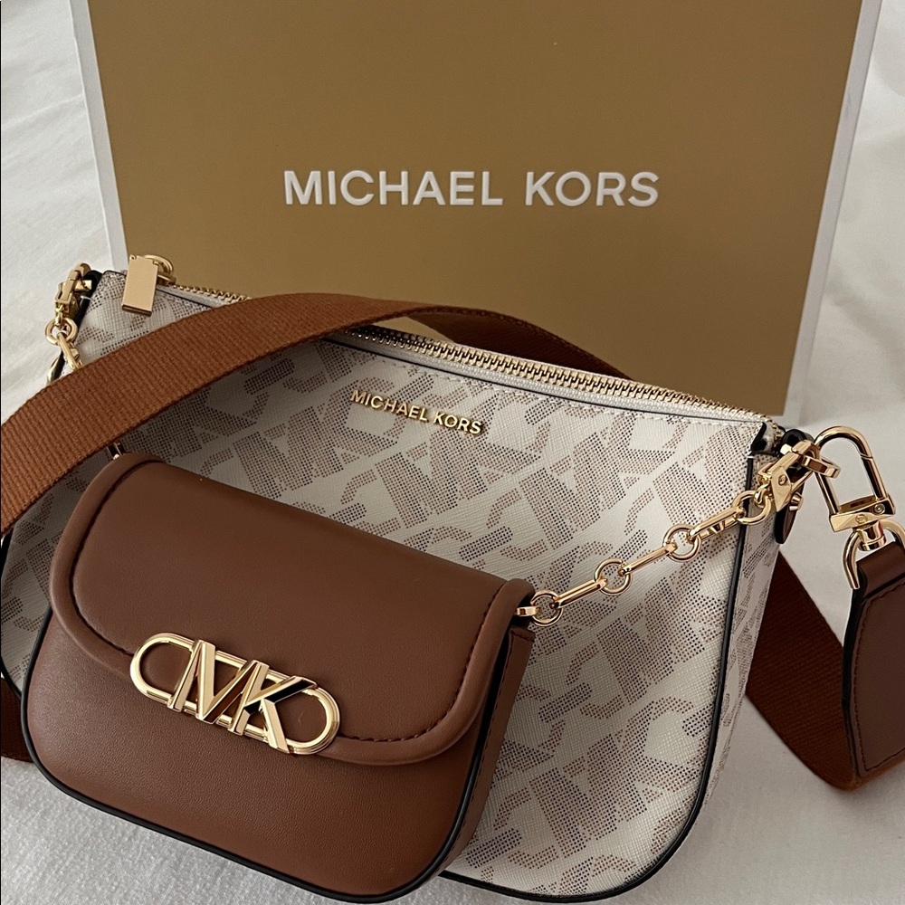 Michael Kors Brown Leather & Beige Signature Canvas Crossbody sample bag